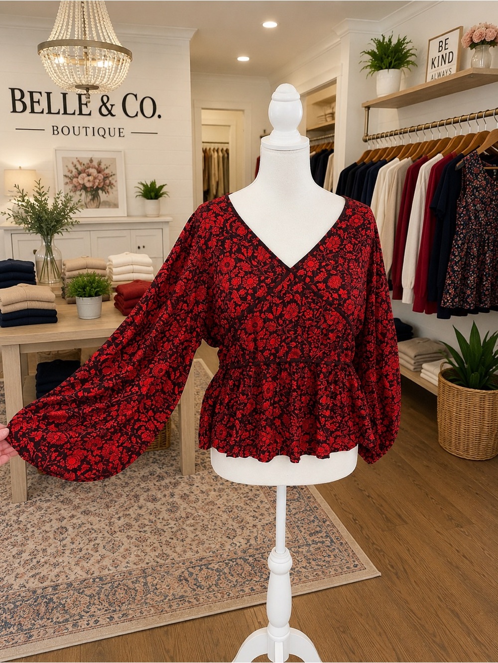 Knox Rose Red Floral Metallic Peplum Top XXL NWT